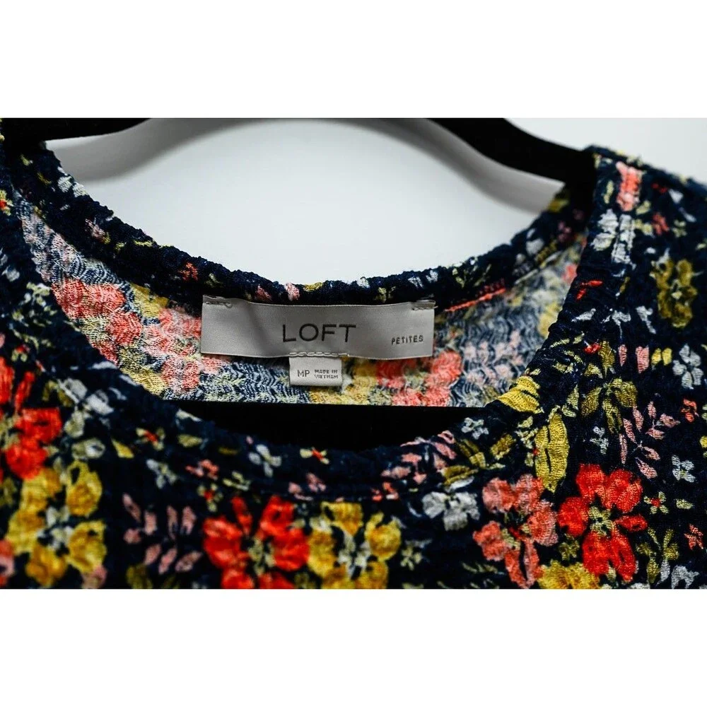 LOFT Petites Dark Floral Blouse puff long sleeves gauzy Cottage Boho Fairy MP - Picture 2 of 5